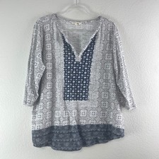 Lucky Brand Geometric Floral Notch Neck Top 1X Gray Navy Boho Peasant Blouse