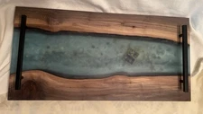 Handcrafted Epoxy Wood Resin Serving Tray Blue River W/Handles Treasure Chest