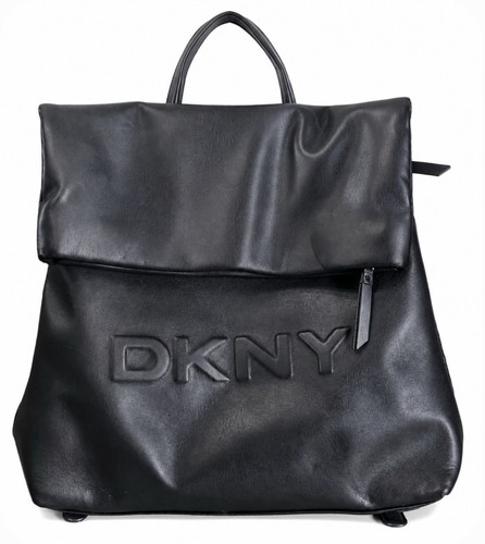 DKNY Tilly Foldover Backpack Soft Faux Black Leather Embossed Logo Msrp:$168