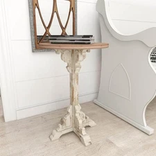 16 in. White Intricately Carved Scroll Large Round Wood End Accent Table with Br