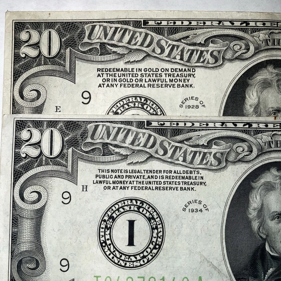 1928 $20 Dollar Bill & 1934 20 Dollar Federal Reserve Notes “Redeemable In Gold” - Image 3 of 4