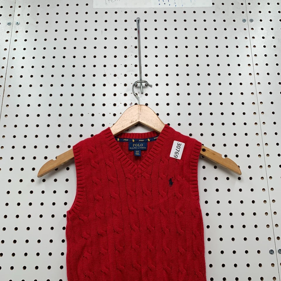 Polo Ralph Lauren Suéter Chaleco Rojo Para Hombre Talla 4T Cable Tejido Sin Mangas 11.5x15.5 Foto 2 de 4