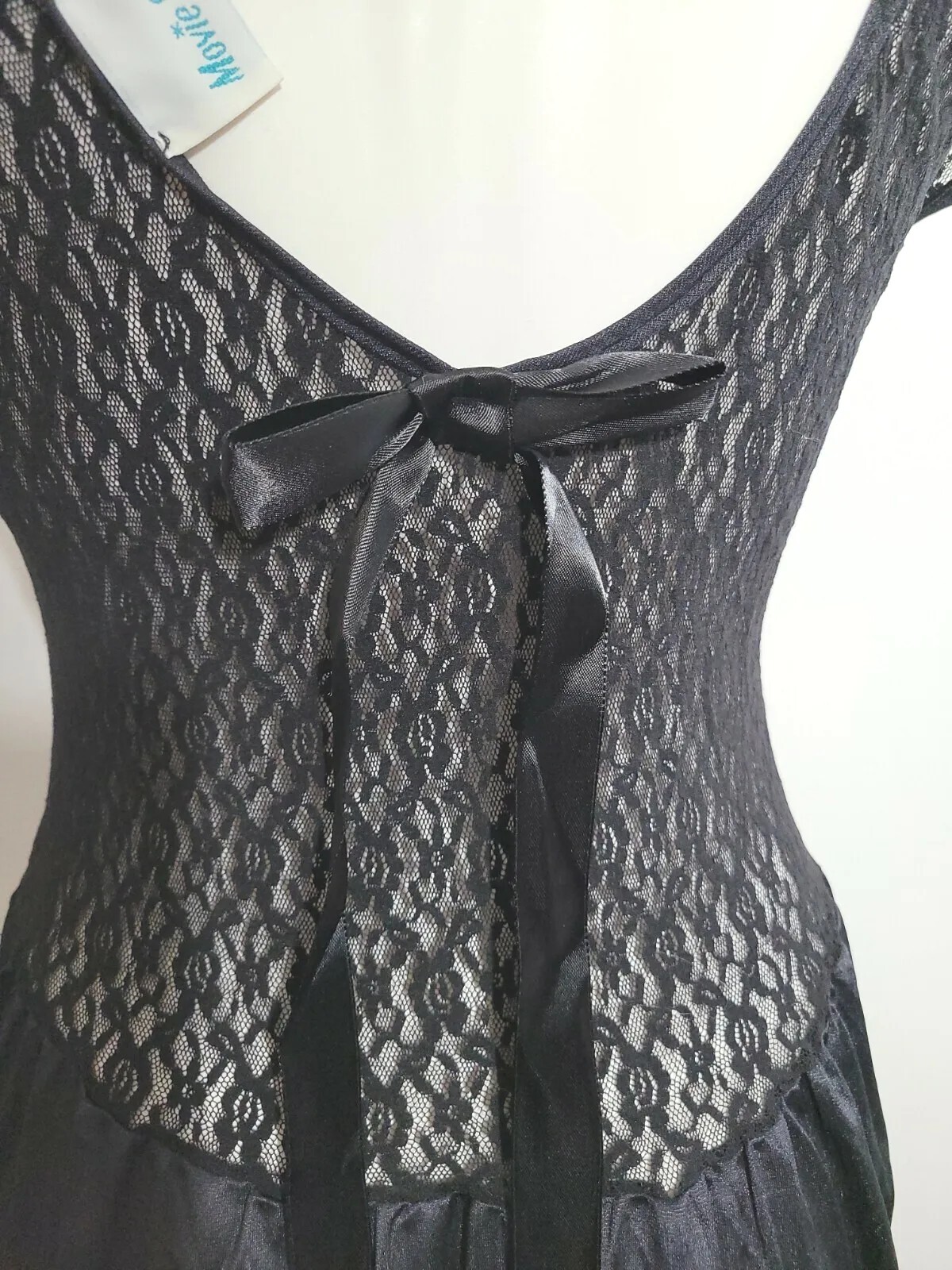 MOVIE STAR Nylon Lace Bow Black Nightgown Deep V … - image 3