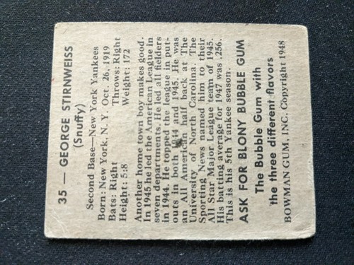 Tarjeta de béisbol Bowman 1948 # 35 Snuffy Stirnweiss radiocontrol - Yankees de Nueva York (en muy buen estado/ex) - Imagen 2 de 3