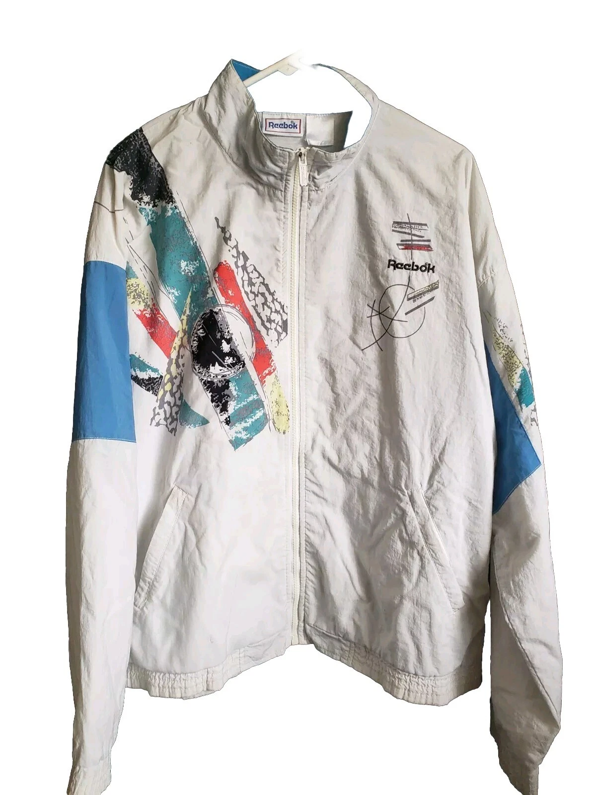 Vintage Reebok Windbreaker Light Weight Jacket White With Color Streaks Unisex