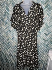 MAX STUDIO BLACK TIE NECK FLORAL FLUTTER SLEEVE BANDED WAIST HI LO MIDI DRESS S