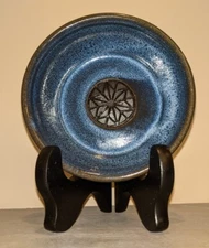 Art Studio Stoneware Bowl Trinket Dish Deep Midnight Blue Etched Design Signed