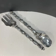 Aluminum Salad Serving Set Spoon Fork Silver Tone Rock Handle 14” Long
