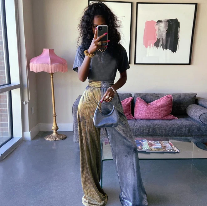 22 Metallic Pieces We Are Loving | Metallic pants outfit, Silver jeans  outfit, Metallic pants