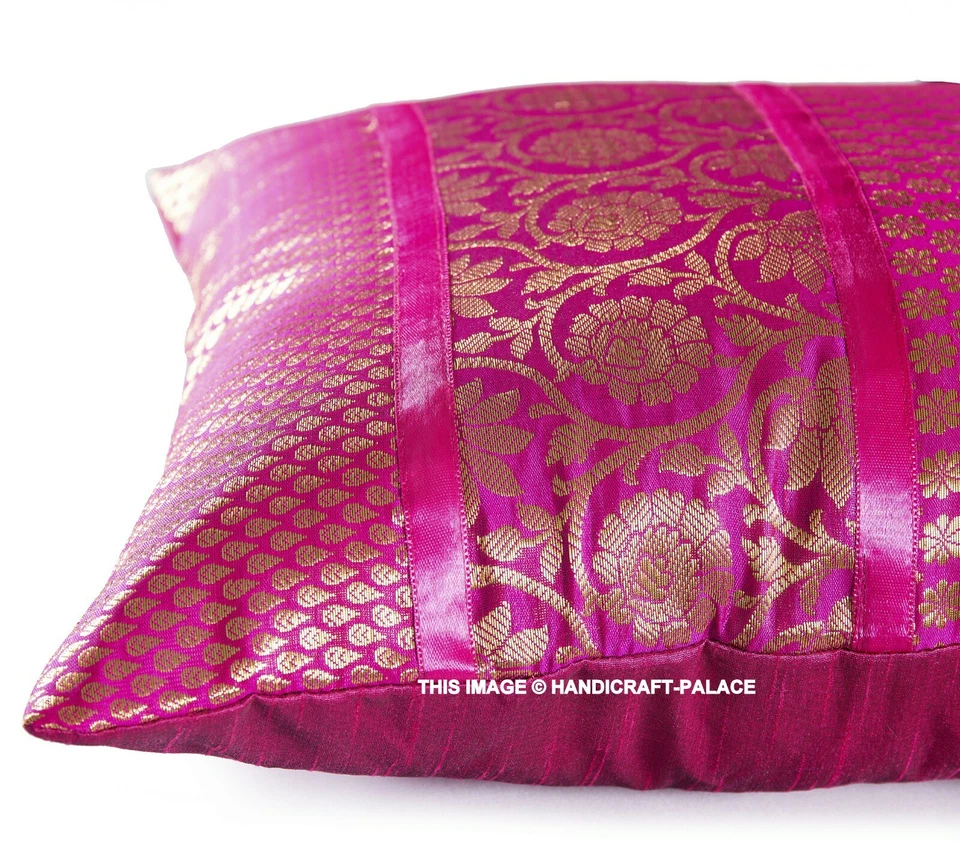 Capa de almofada de seda brocado fronha travesseiro indiano decoração feita à mão 16x16" - Imagem 3 de 3
