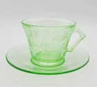 Vintage Uranium Depression Glass Cup & Saucer Florentine Pattern by Hazel-Atlas