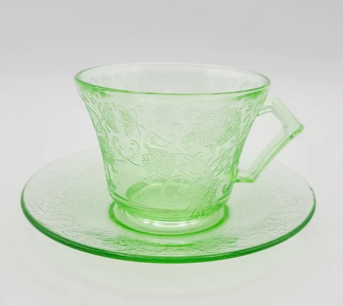 Vintage Uranium Depression Glass Cup & Saucer Florentine Pattern by Hazel-Atlas