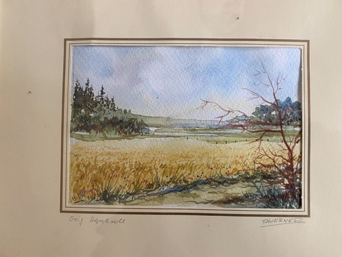 Watercolor J. Werner Field Edge Harvest Blue Sky Field Path Nature Frame Firs - Picture 2 of 4