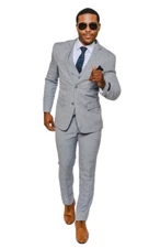 Slim Fit 2 Button 3 Piece Vested Mens Suit Silver Windowpane Plaid 16308 AZARMAN