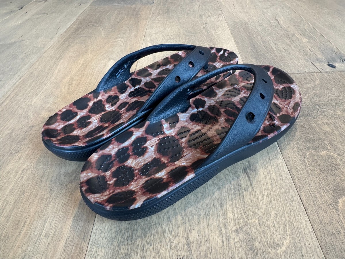 Crocs Classic Animal Remix Flip Black Leopard 207872 Men's 5