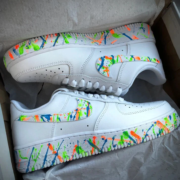 Air Force 1 Custom Blue Green Orange 🍊 Splatter Swoosh White Shoes Men  Womens