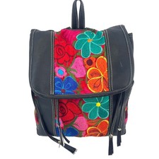 Embroidered Floral Backpack Faux Leather Boho Frida Kahlo Folk Art Colorful Bag