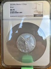 2023Mo Mexico 2 Onza Silver MS70 in huge NGC 5”x6/12” SLAB