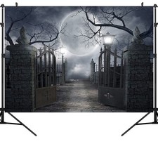 Halloween Night Full Moon Backdrop Gloomy Woods Graveyard 7X5FT, Clear