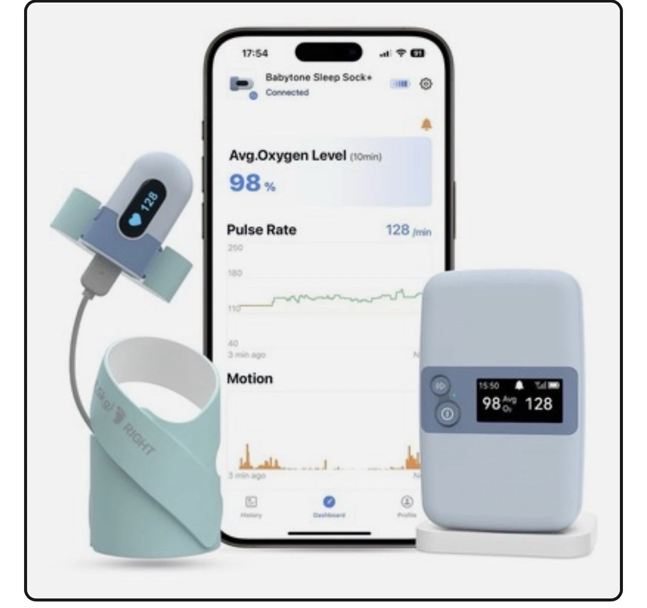 Babytone Sleep Sock + Baby Monitor W/ Base Station Track Pulse Oxygen Movement