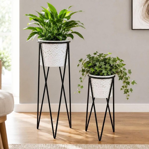 Blumenhocker Mit Topf Metall Schwarz Weiß 2Er Set BlumenstäNder Pflanzenhocker-image