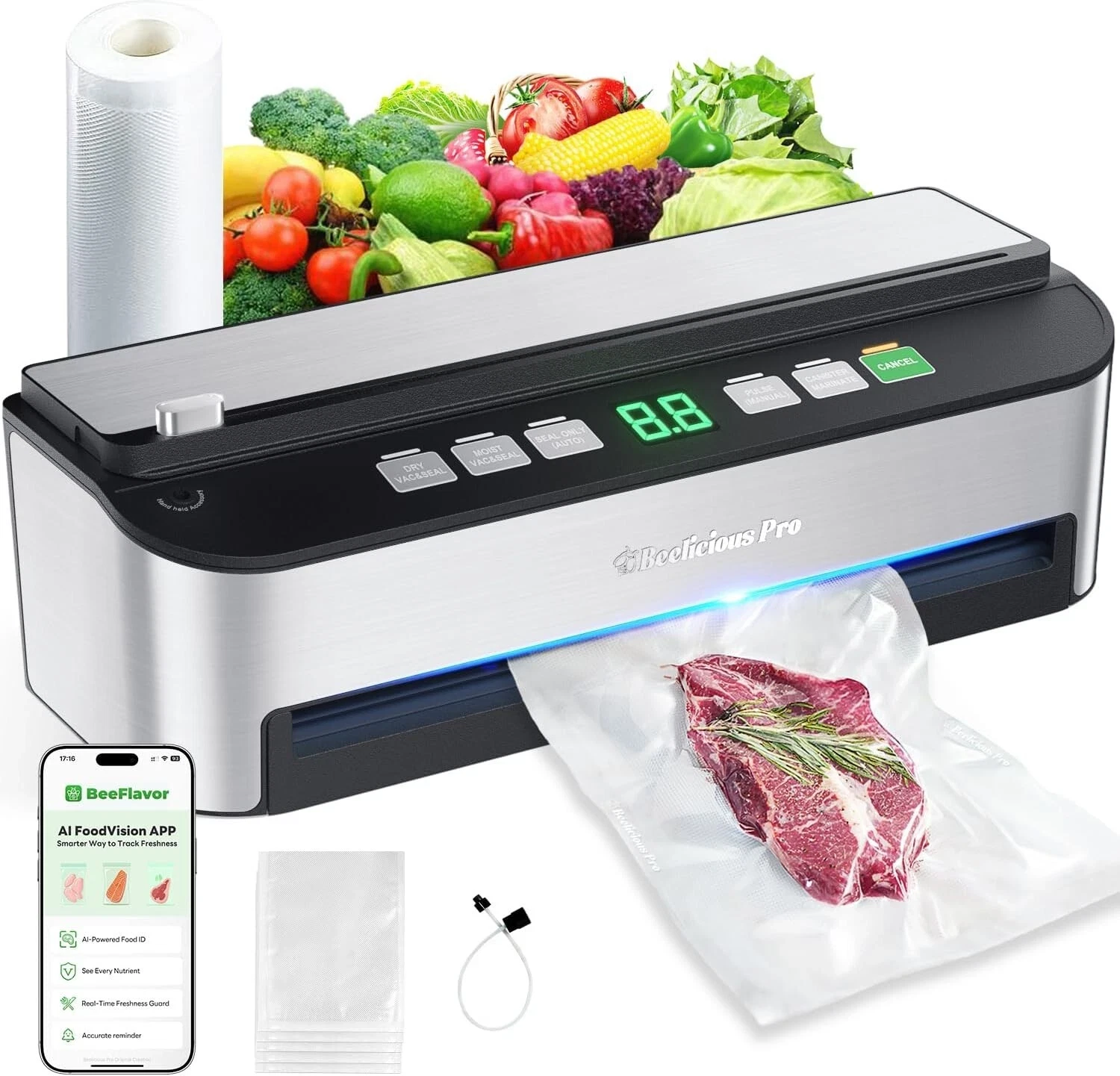 8-in-1 Vacuum Sealer Machine – 85KPA Fully Automatic Food Sealer-Built-in Cutter