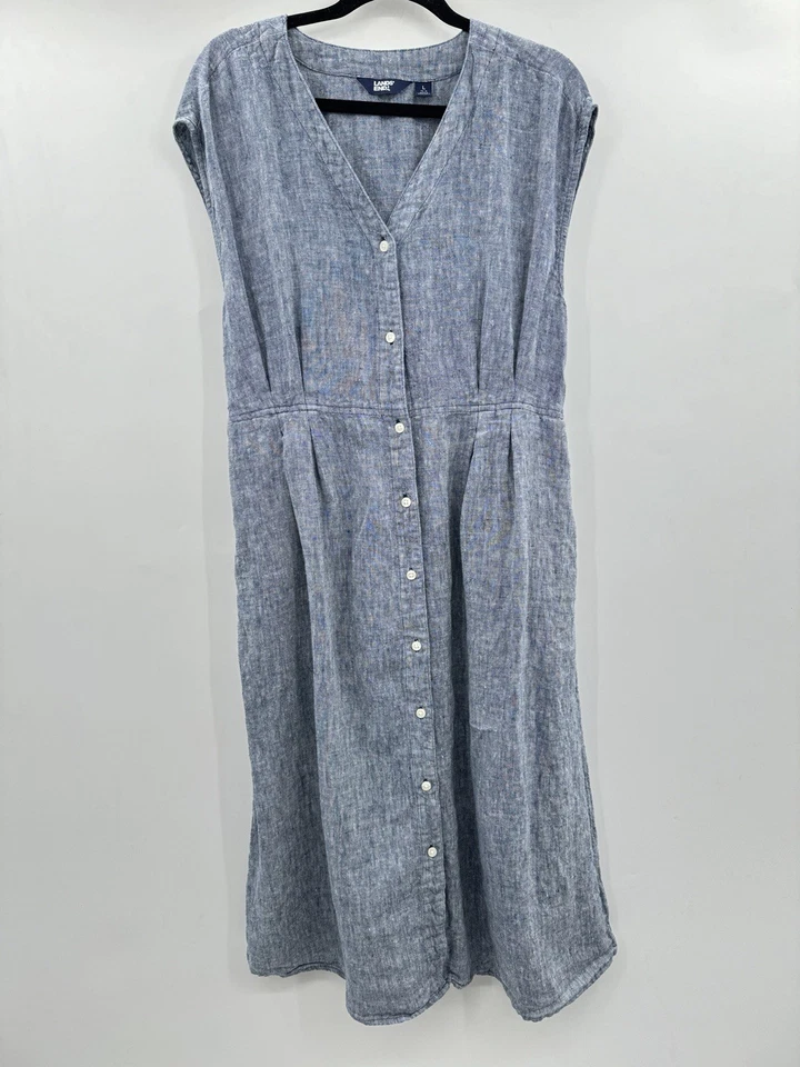Vestido Camisa Midi Lands' End 100% Lino Talla L (14-16) Azul Cambray Bolsillos Playa Foto 3 de 4