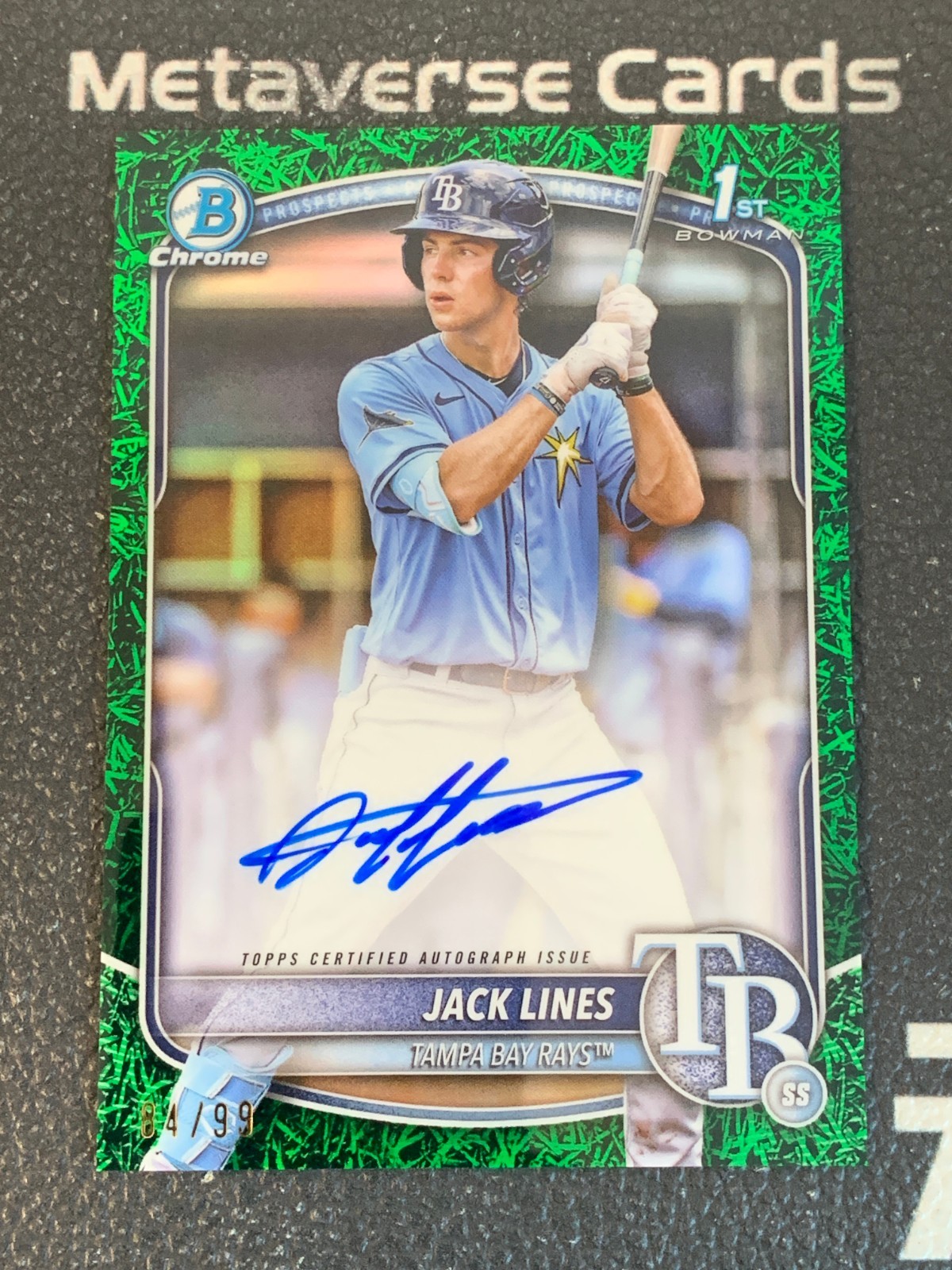 2025 Bowman 1st Chrome Prospect Autograph Green Grass Jack Lines 84/99 Rays