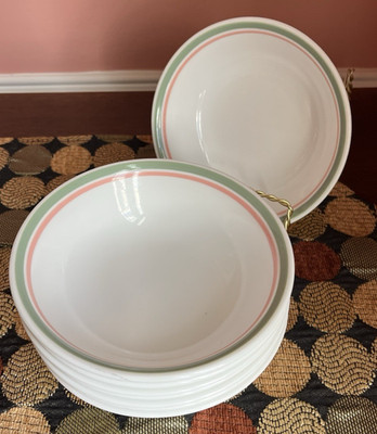 Corning Corelle Heather Green/Pink Ring Dessert/Fruit Bowls Set of 8