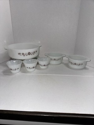Set of  6 Vintage Dynaware Pyrorey  Dishes Brown White Flower