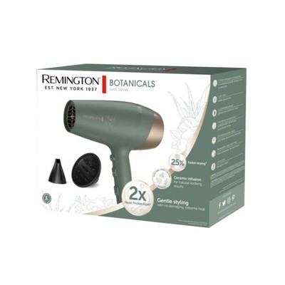 Remington Botanicals Hair Dryer, Ceramic, 6 Heat Settings, Cool Shot, Green