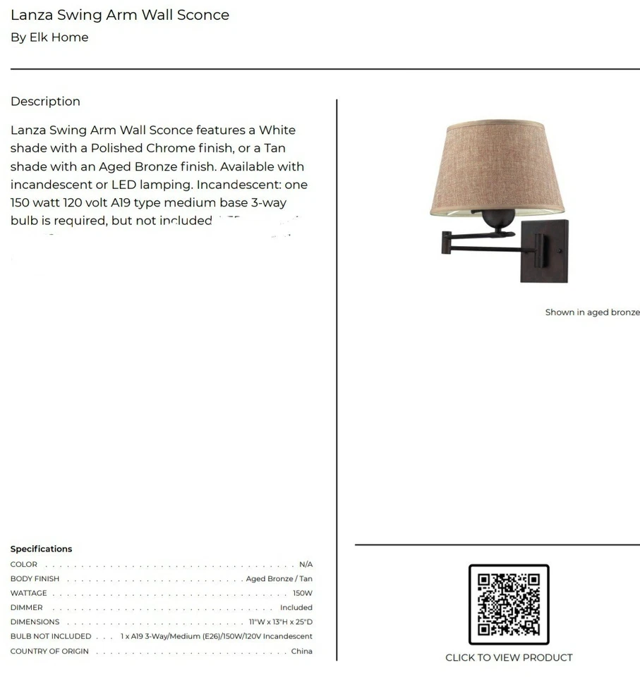 Aplique basculante de 1 luz Elk Home acabado bronce envejecido con tono de lino beige 10291/1 Foto 2 de 4