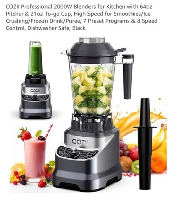 COZII 2000W Professional Blender 64oz Pitcher 21oz To-Go 7 Presets Black - NIB