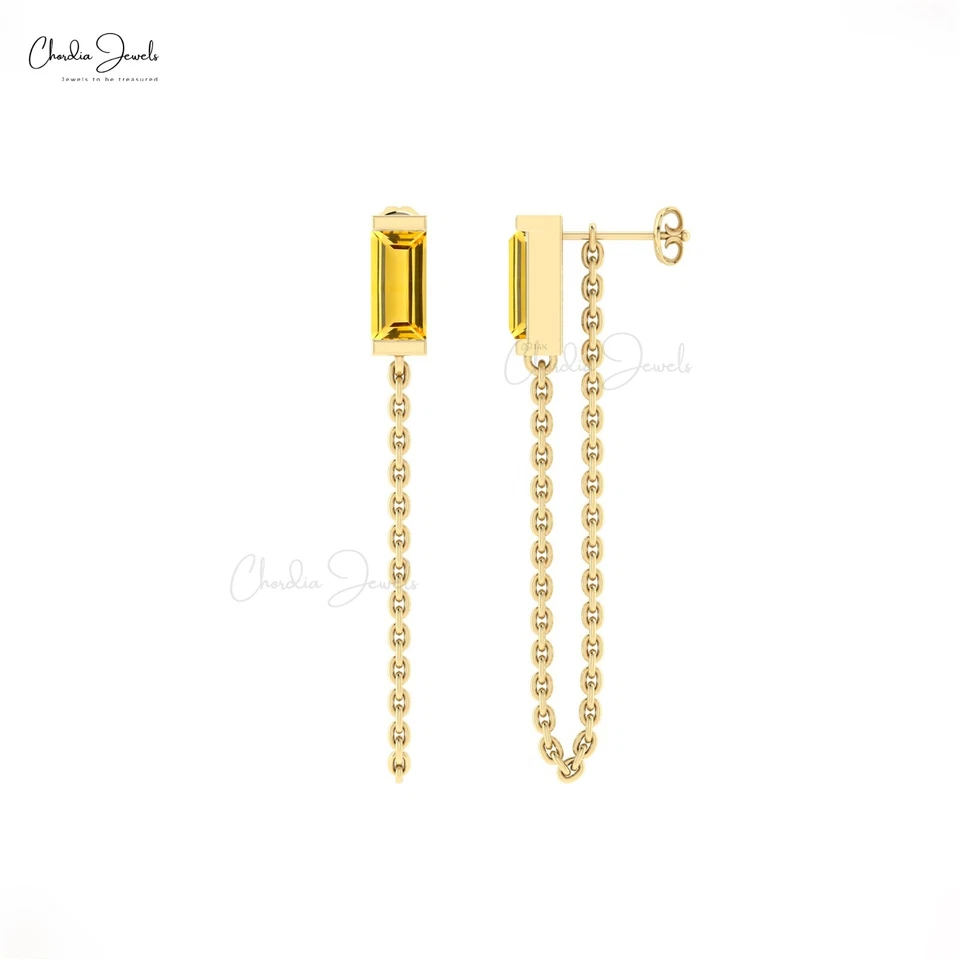 Natural 6X3mm Citrine 14k Gold Threader Earring Delicate Chain Earring For Women - Image 4 of 4