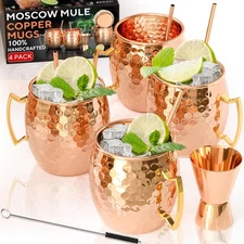Moscow Mule Copper Mugs - Set of 4-100% HANDCRAFTED - Food Safe Pure Solid Co...