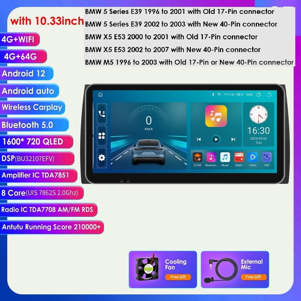 10.33" For BMW E39 X5 E53 M5 Car Stereo Android 12 GPS Car Radio CarPlay 4+64GB - Image 2 of 4