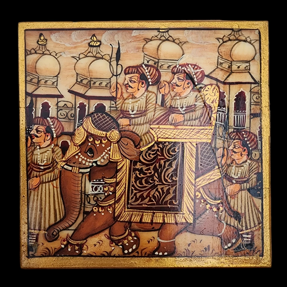 Antigua caja de pintura en miniatura mogol persa pintada a mano tallada vintage Foto 2 de 4