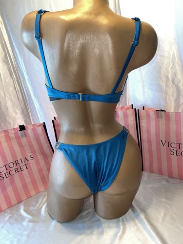 Victorias Secret Bombshell Swimsuit Shine Strap 34B Medium Bottoms Ocean Blue - Picture 3 of 3