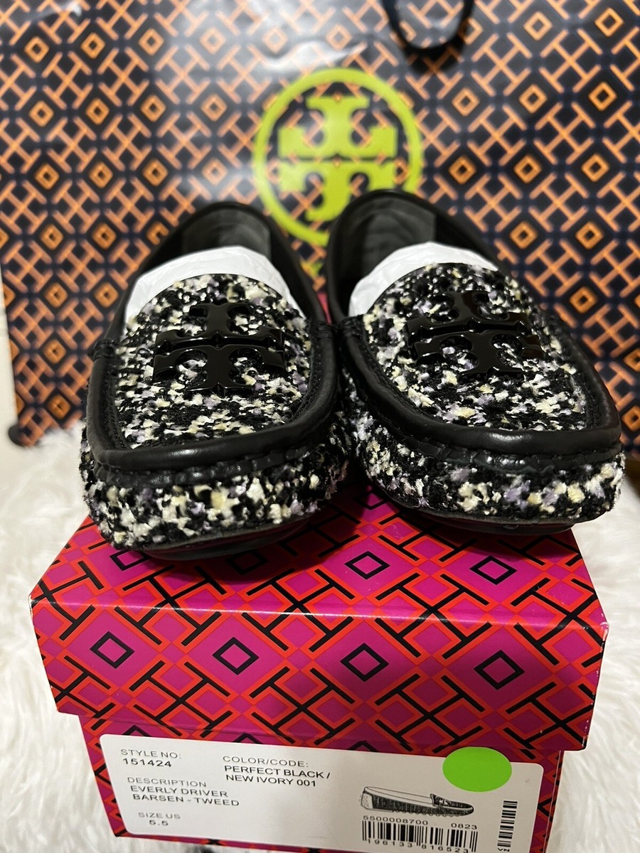 Tory Burch Everly Driver Barsen Tweed Perfect Black/ New Ivory 5.5 