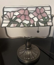 Vintage Tiffany Style Stained Glass Metal Banker's Desk Piano Lamp Roses Floral