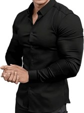 Black Premium Mens Solid Color Fit Dress Shirt Elastic Stretchy Slim Long Sleeve