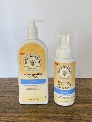 Burt's Bees Baby Soothing Shampoo & Wash 8.4oz & Ultra Gentle Lotion 12 Oz New