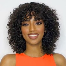 Short Bob Curly Human Hair Wigs with Bangs 180 Density Kinky Curly Fringe Bang