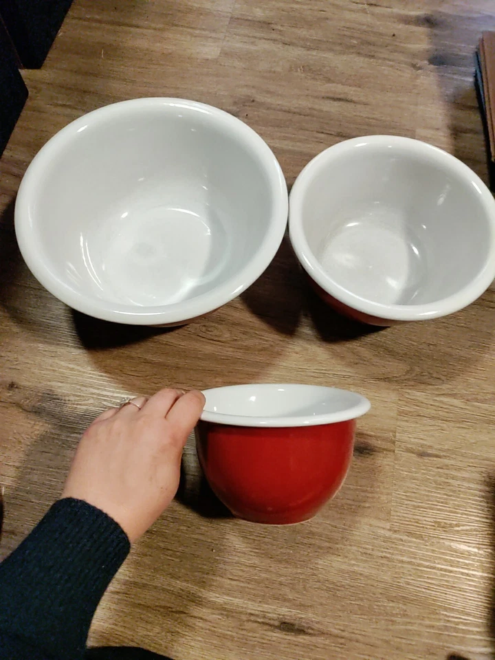 🔥HTF — винтажные миски для смешивания керамики CorningWare набор из 3 красных и белых - Изображение 3 из 4
