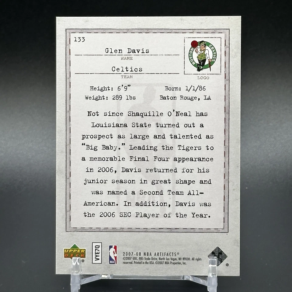 2007-08 Upper Deck Artifacts Glen Davis #'d /1299 #133 - LSU / Magic - Image 3 of 3