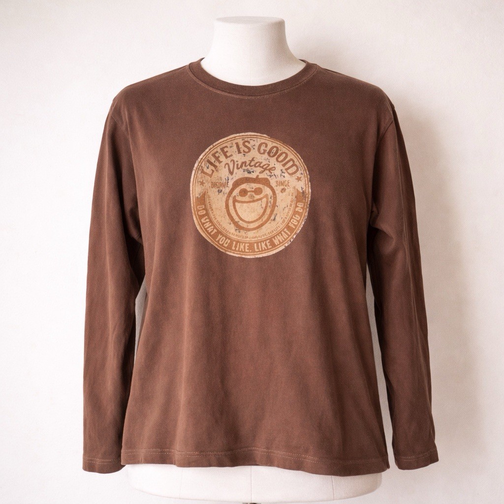 Life is Good Vintage Tee Women’s M Brown Graphic Print Cotton Long Sleeve Crew