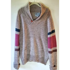 Depoe Bay Dry Goods Mens L Sweater Beige Shawl Collar Fisherman Front Pocket