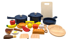  Wooden Play Food Set Lot Of 24 Pots Pans Foo...