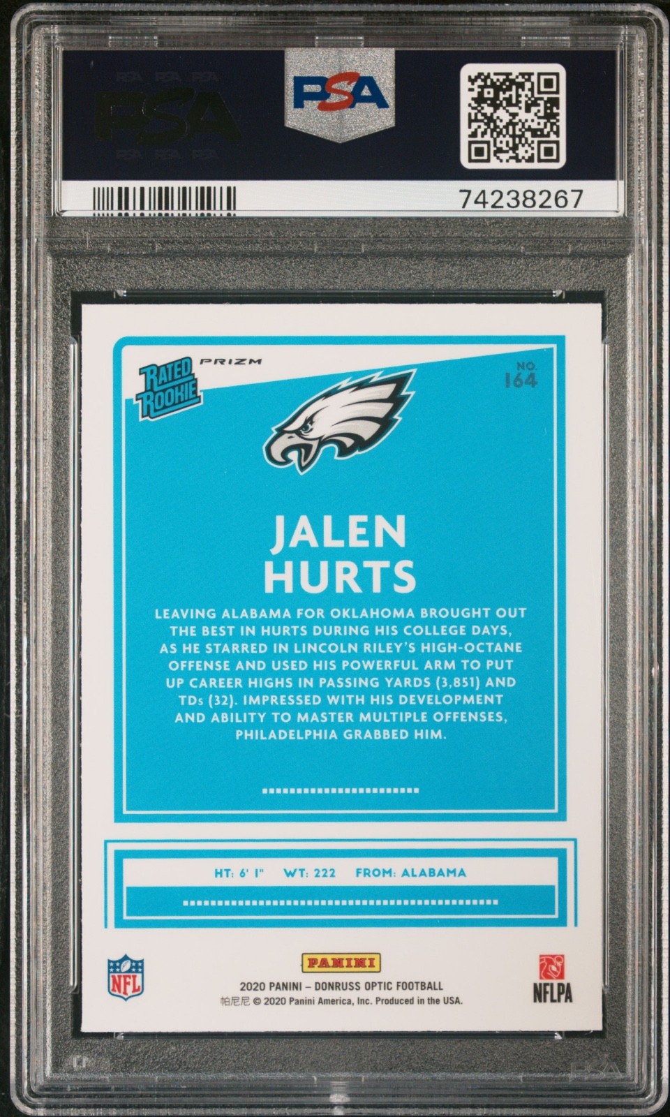 2020 Panini Donruss Optic Jalen Hurts Pink Prizm Rated Rookie #164 PSA 10 Gem view 2