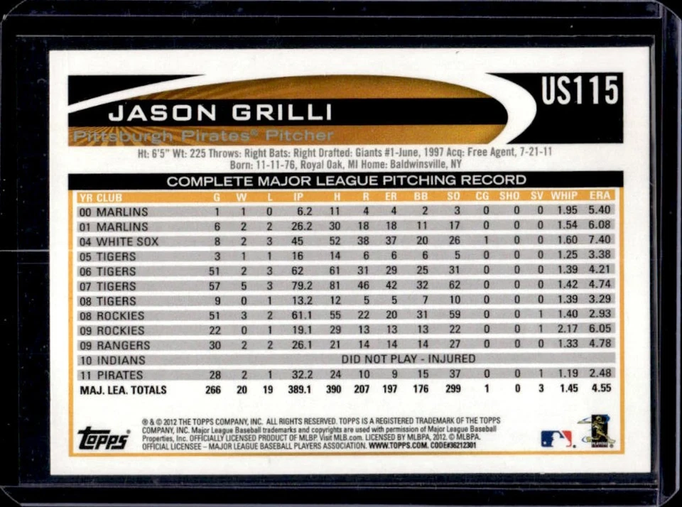 2012 Topps Update Jason Grilli Gold Sparkle #US115 Pirates - Image 2 of 2